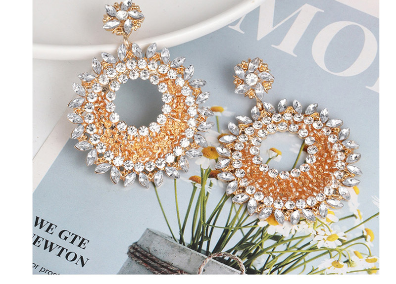 Fashion White Geometric Round Inlaid Glass Earrings,Drop Earrings