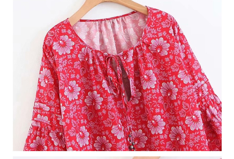 Fashion Rose Red Beaded Tiered Sleeve Printed Shirt,Blouses