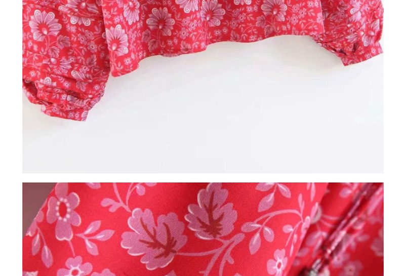 Fashion Rose Red Beaded Tiered Sleeve Printed Shirt,Blouses