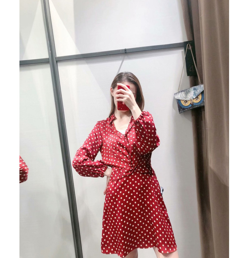 Fashion Wine Red Polka-print V-neck Pleated Dress,Mini & Short Dresses