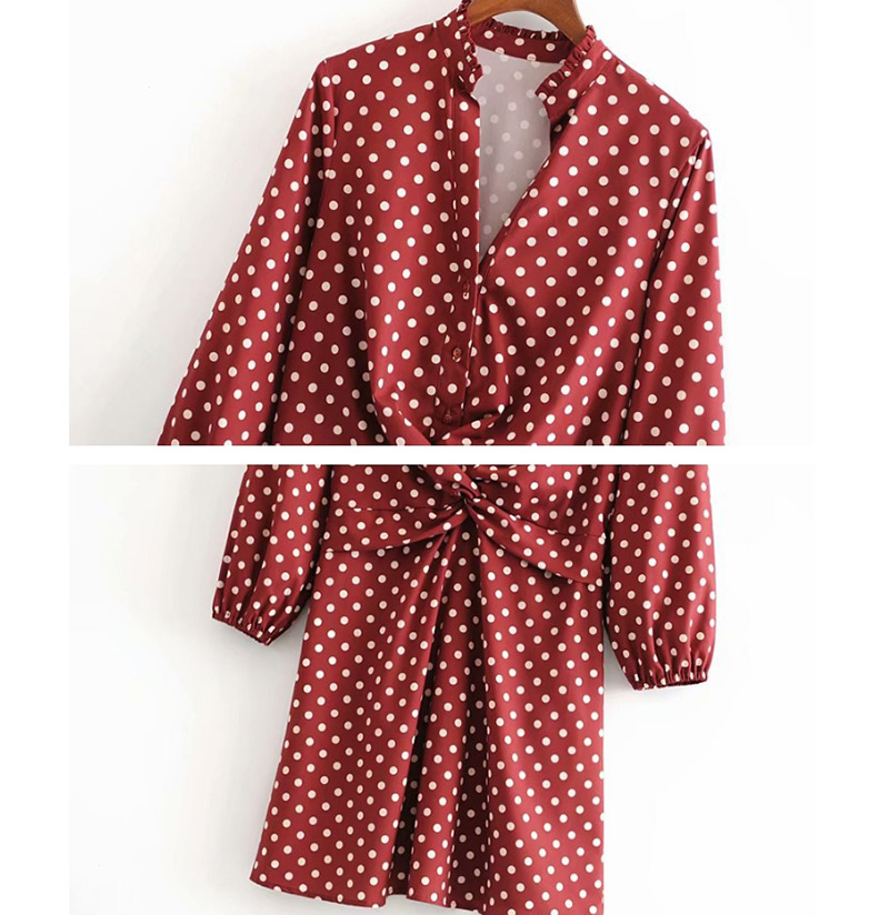 Fashion Wine Red Polka-print V-neck Pleated Dress,Mini & Short Dresses