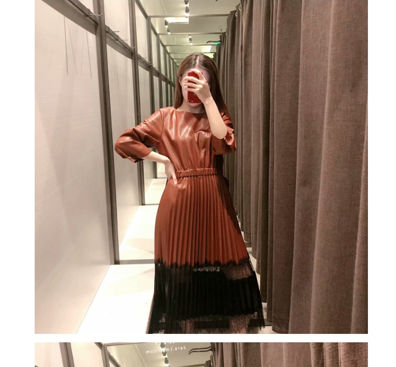 Fashion Coffee Color + Black Stitched Faux Leather Lace Stitching Dress,Long Dress