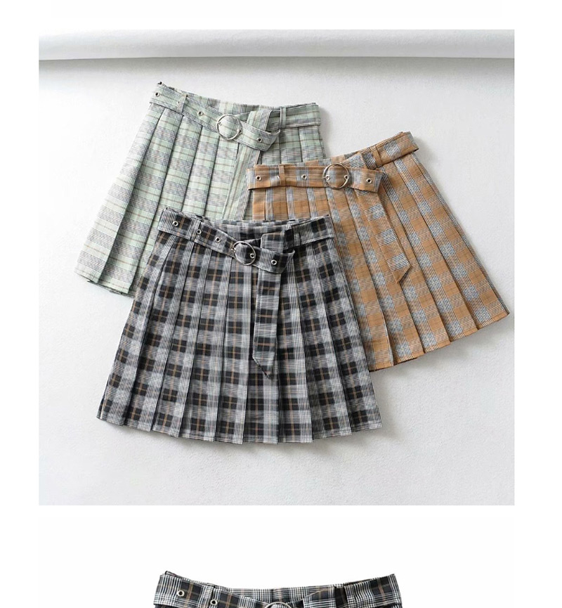 Fashion Khaki Plaid Printed Pleated Skirt With Belt,Skirts