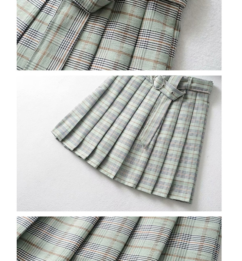 Fashion Khaki Plaid Printed Pleated Skirt With Belt,Skirts