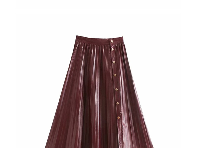 Fashion Red Wine Pleated Pu Leather Single-breasted Skirt,Skirts