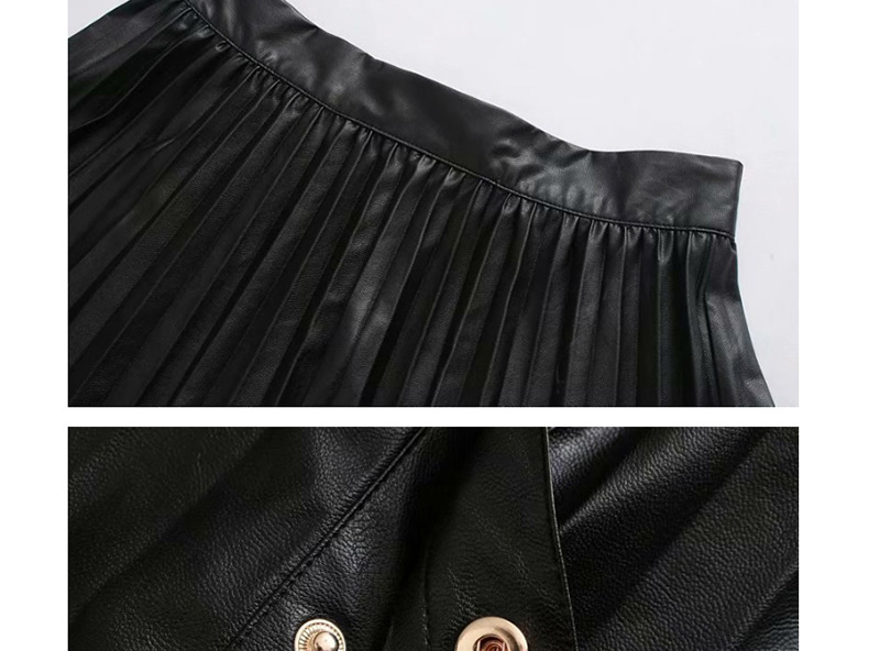 Fashion Black Pleated Pu Leather Single-breasted Skirt,Skirts