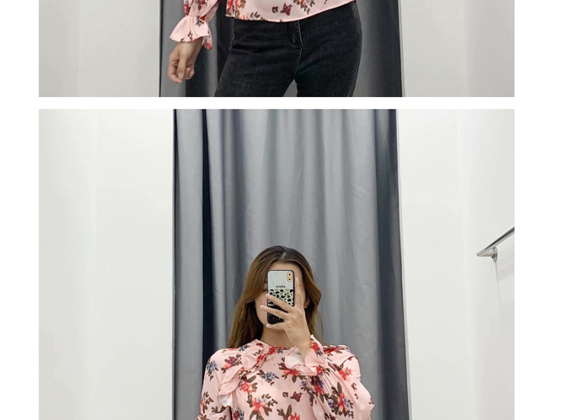 Fashion Pink Ruffled Flower Print Shirt,Blouses