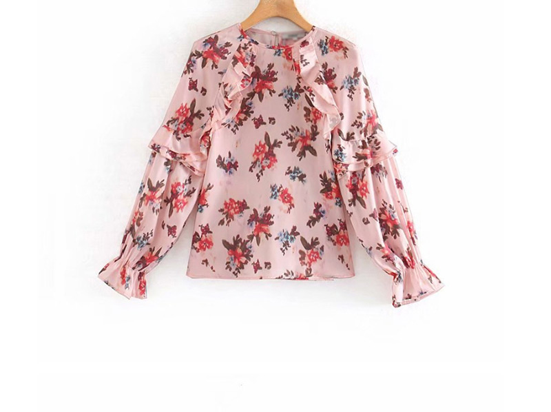 Fashion Pink Ruffled Flower Print Shirt,Blouses