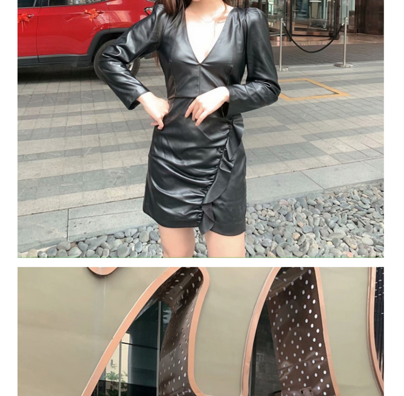 Fashion Black Laminated Faux Leather V-neck Dress,Mini & Short Dresses