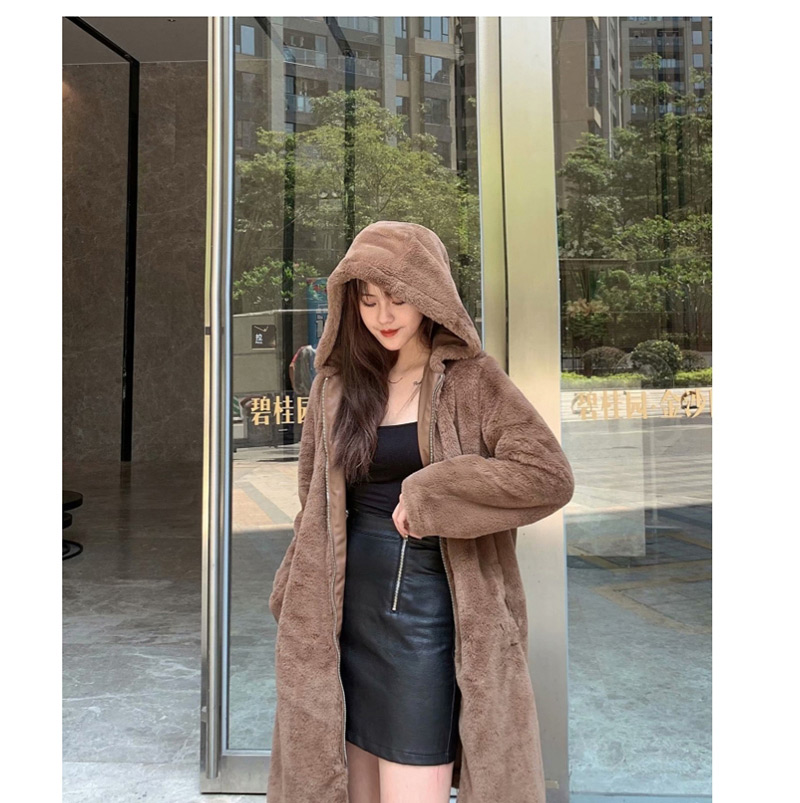 Fashion Brown Long Coat In Faux Fur,Coat-Jacket