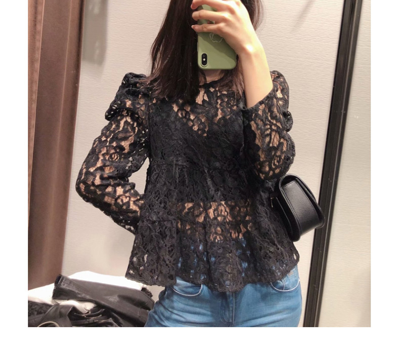 Fashion Black Puff Sleeve Lace Perspective Pullover Shirt,Blouses