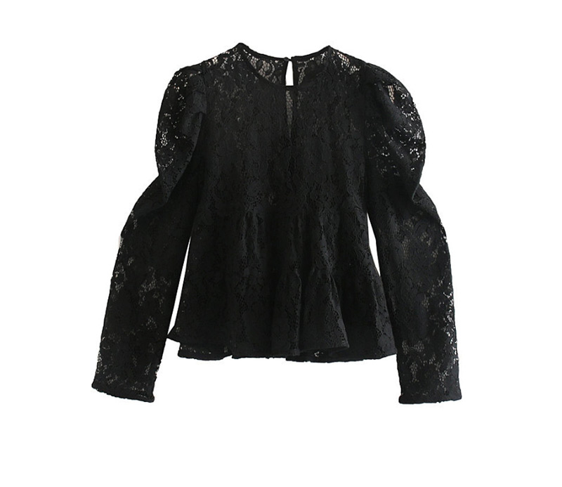 Fashion Black Puff Sleeve Lace Perspective Pullover Shirt,Blouses