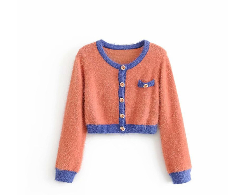 Fashion Orange Fur Diamond Buckle Stitching Sweater,Sweater