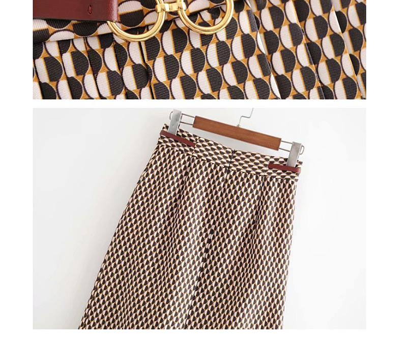 Fashion Khaki Geometric Printed Belt Stitching Pleated Skirt,Skirts