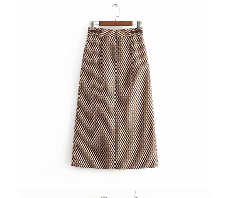 Fashion Khaki Geometric Printed Belt Stitching Pleated Skirt,Skirts