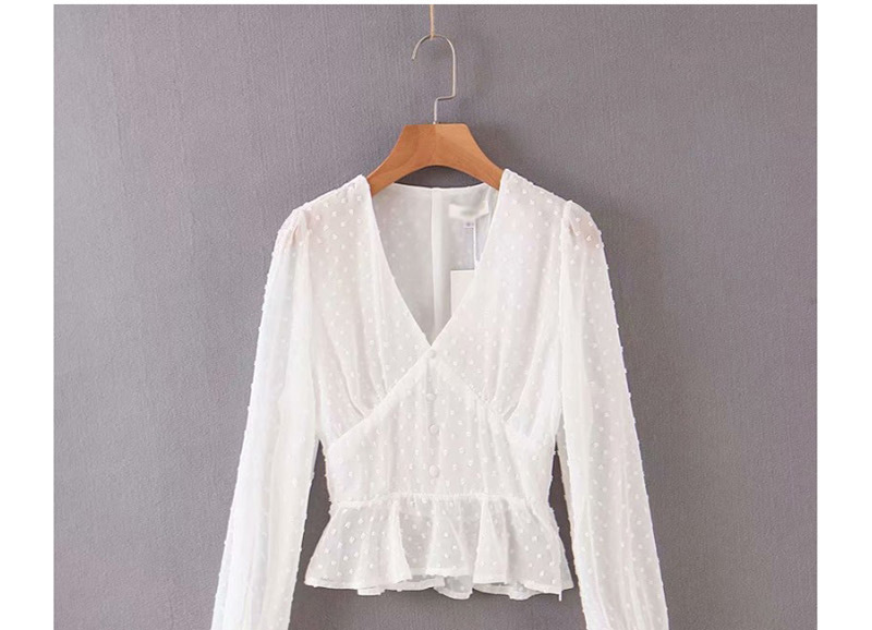 Fashion White Ruffled V-neck Jacquard Sleeve Shirt,Blouses