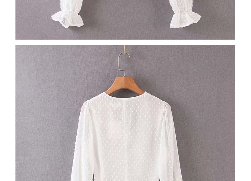 Fashion White Ruffled V-neck Jacquard Sleeve Shirt,Blouses