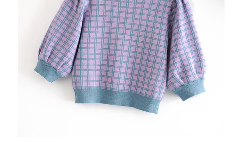 Fashion Purple Button Doll Collar Plaid Bubble Five-point Sleeve Sweater,Sweater