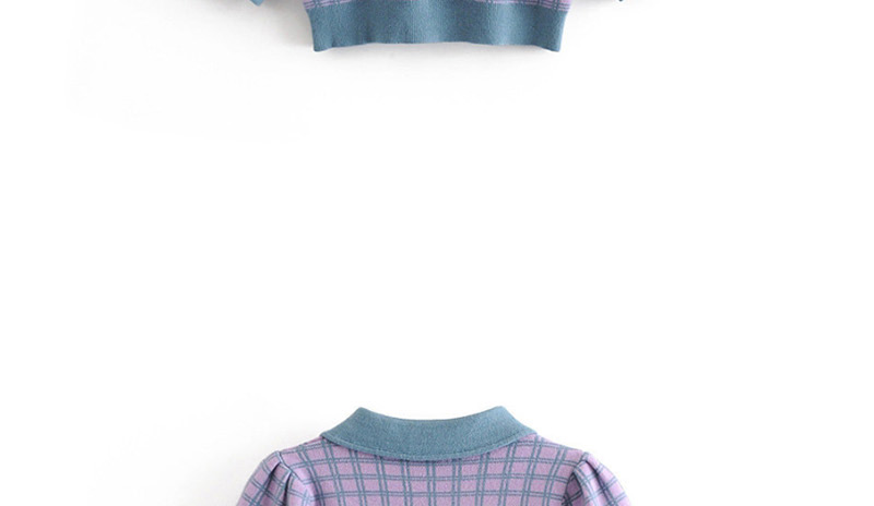 Fashion Purple Button Doll Collar Plaid Bubble Five-point Sleeve Sweater,Sweater