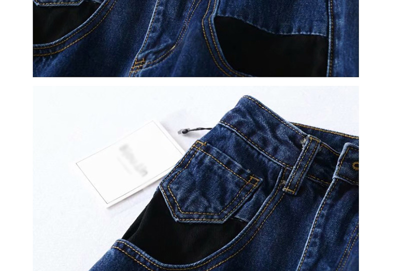 Fashion Blue Pocket Colorblock Jeans,Denim