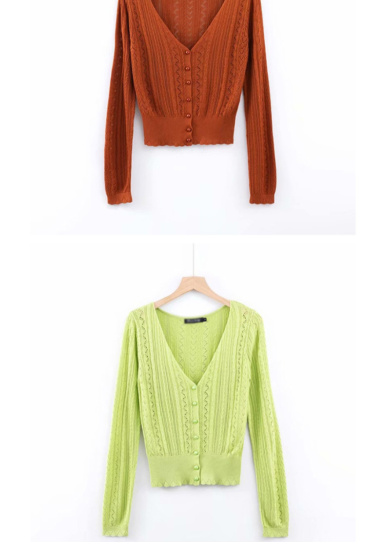 Fashion Coffee Color Stranded Crocheted Knit Short V-neck Single-breasted Cardigan,Sweater