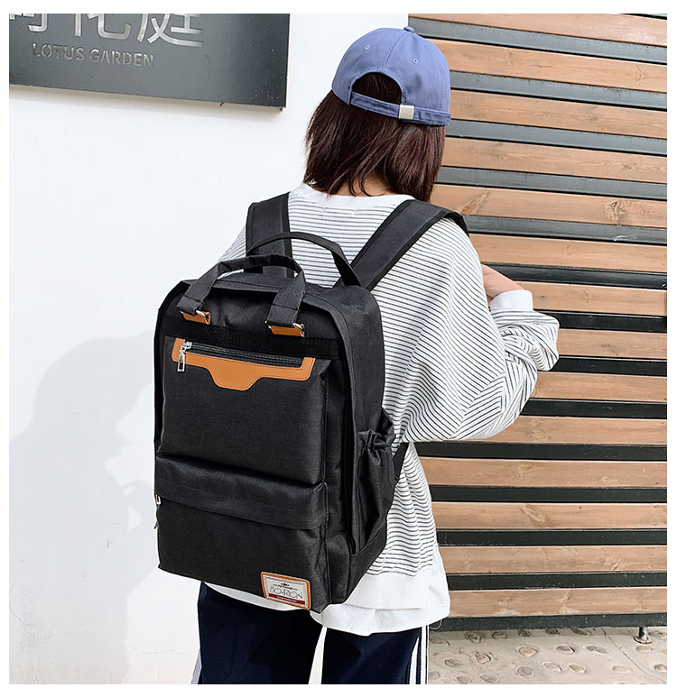 Fashion Black Contrast Stitching And Labeling Nylon Backpack,Backpack