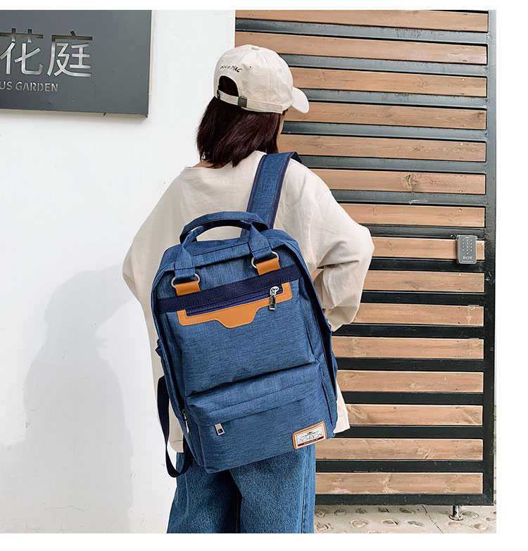 Fashion Blue Contrast Stitching And Labeling Nylon Backpack,Backpack