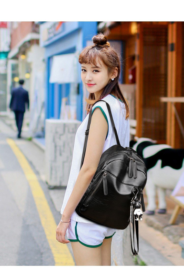 Fashion Black Soft Leather Zipper Backpack,Backpack