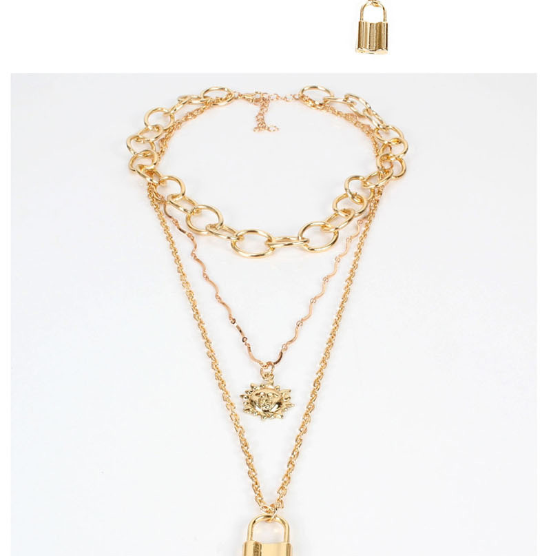 Fashion Gold Sun Flower Smiley Lock Chain Multi-layer Necklace,Multi Strand Necklaces