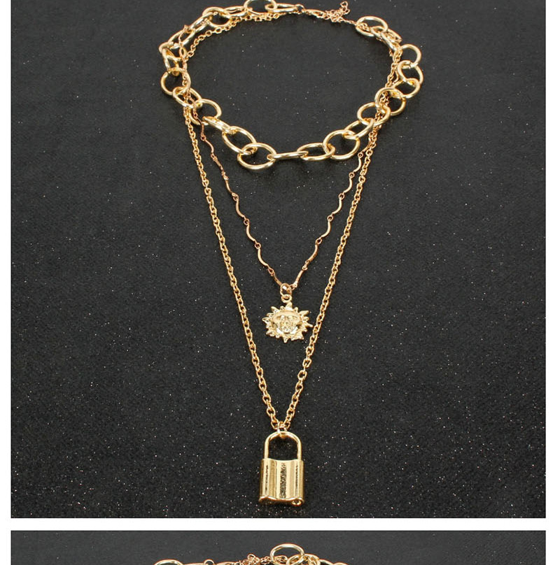 Fashion Gold Sun Flower Smiley Lock Chain Multi-layer Necklace,Multi Strand Necklaces