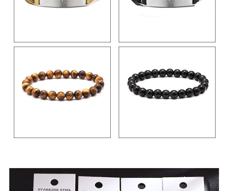 Fashion Steel Color + Black Agate Stainless Steel Scripture Cross Beaded Bracelet Set,Bracelets