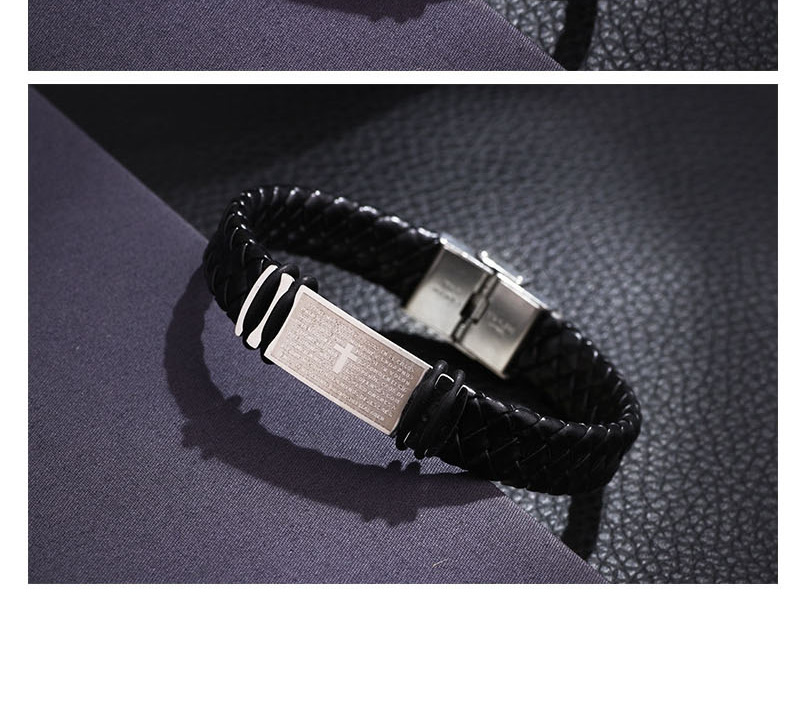 Fashion Silver Titanium Steel Leather Scripture Cross Bracelet,Bracelets