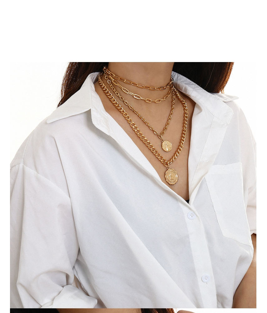 Fashion Gold Thick Chain Geometry Tassel Portrait Multi-layer Necklace,Multi Strand Necklaces