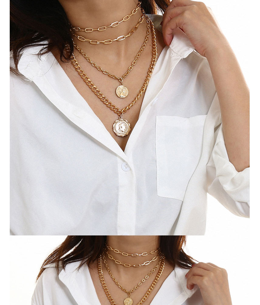 Fashion Gold Thick Chain Geometry Tassel Portrait Multi-layer Necklace,Multi Strand Necklaces