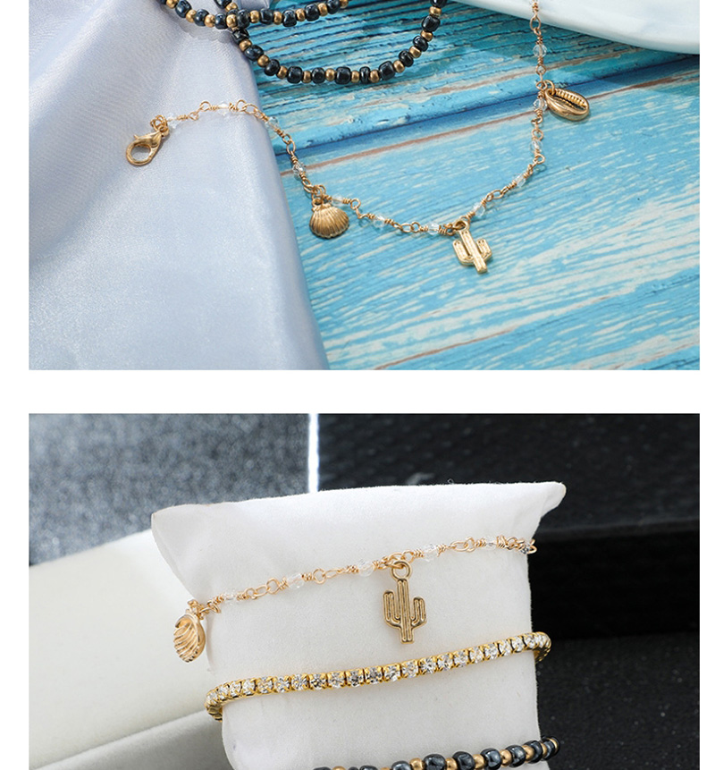 Fashion Gold Cactus Shell With Diamond Beads And Multi-layered Anklet 4 Piece Set,Beaded Bracelet