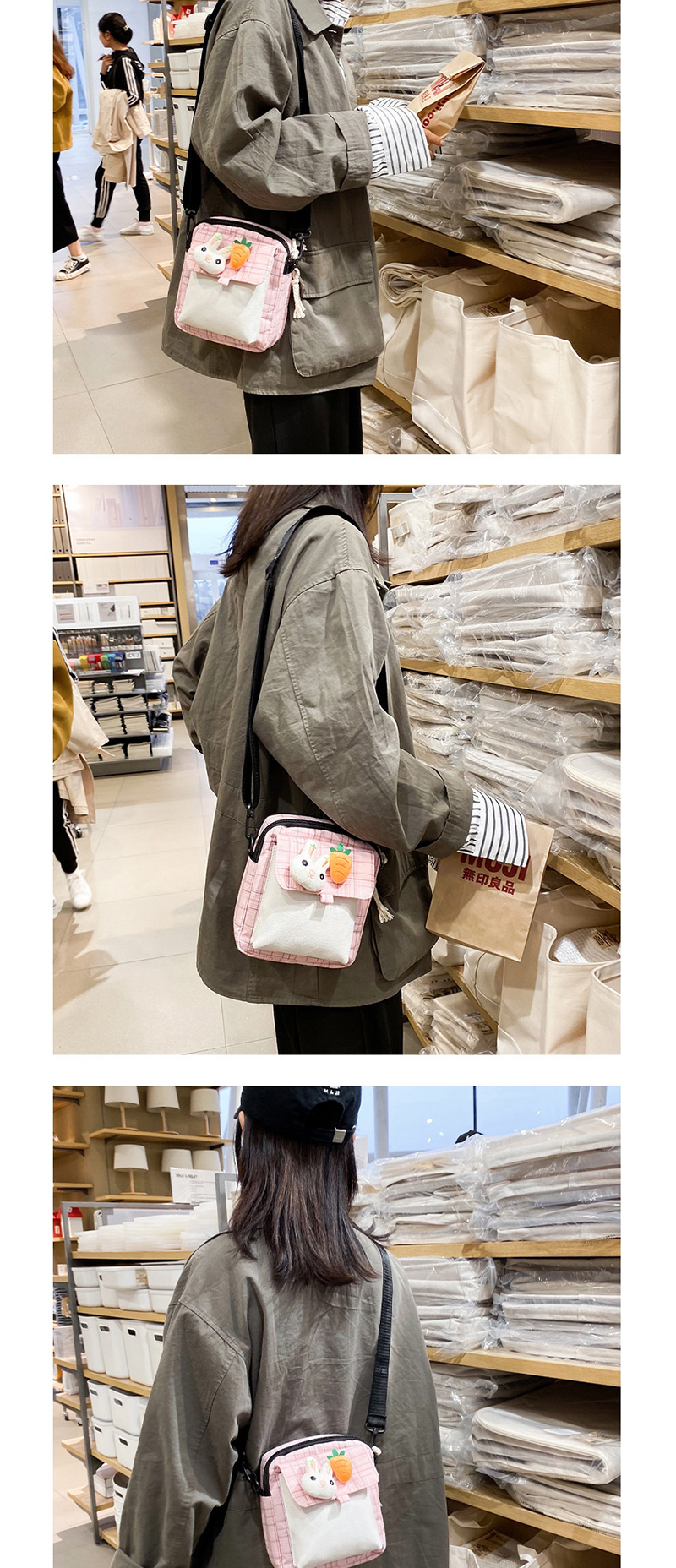 Fashion Pink Doll Rabbit Carrot Plaid Canvas Crossbody Bag,Shoulder bags