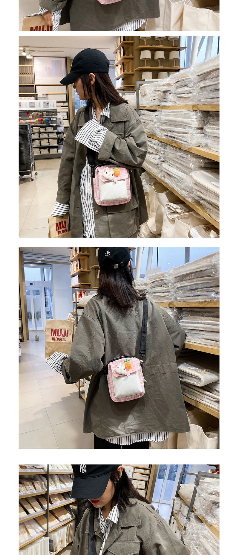 Fashion Pink Doll Rabbit Carrot Plaid Canvas Crossbody Bag,Shoulder bags