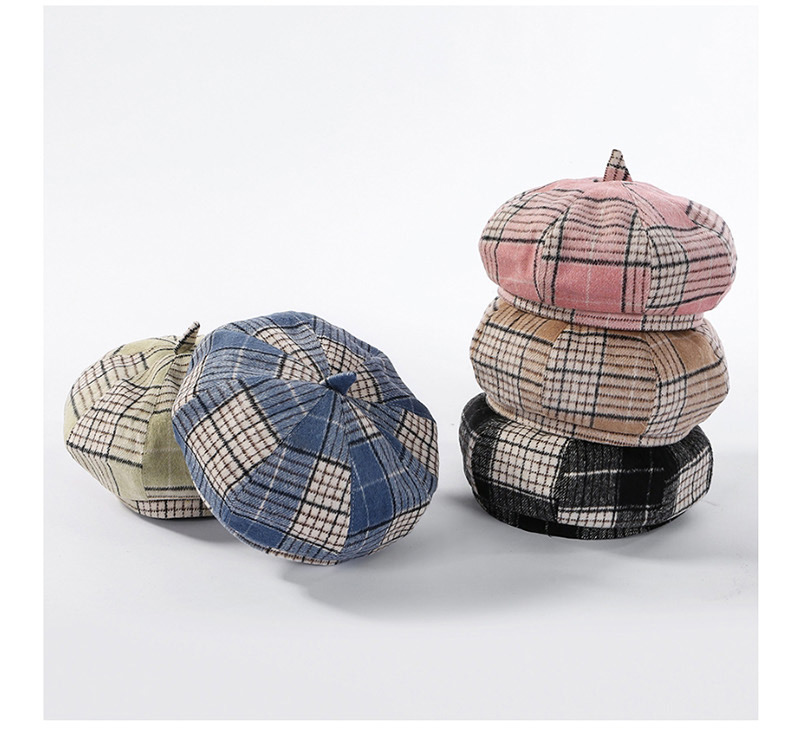 Fashion Pink Colorblock Plaid Beret,Beanies&Others