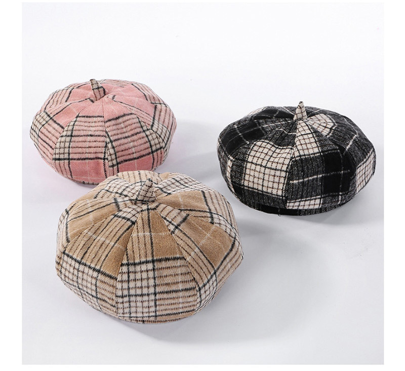 Fashion Avocado Green Colorblock Plaid Beret,Beanies&Others
