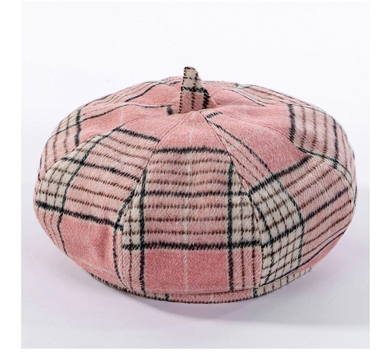 Fashion Pink Colorblock Plaid Beret,Beanies&Others
