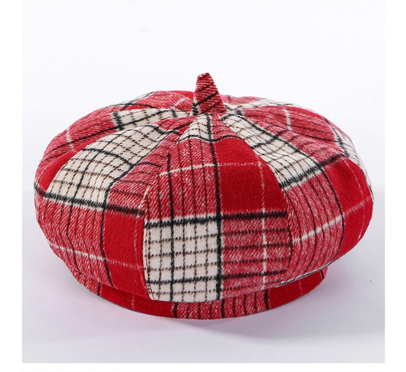 Fashion Red Colorblock Plaid Beret,Beanies&Others