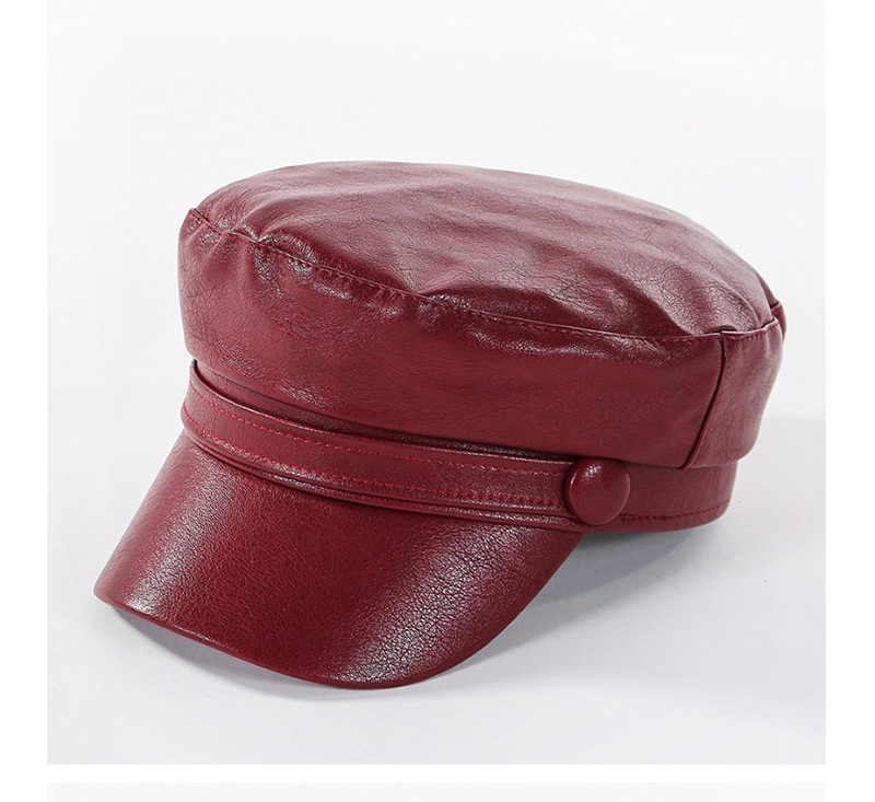 Fashion Wine Red Washed Pu Flat Cap,Beanies&Others