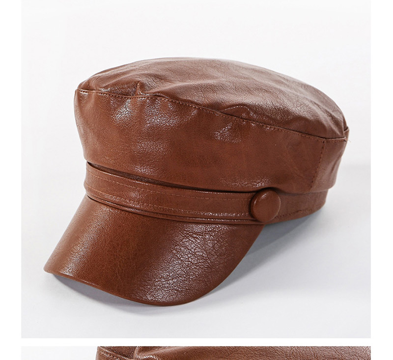 Fashion Brown Washed Pu Flat Cap,Beanies&Others