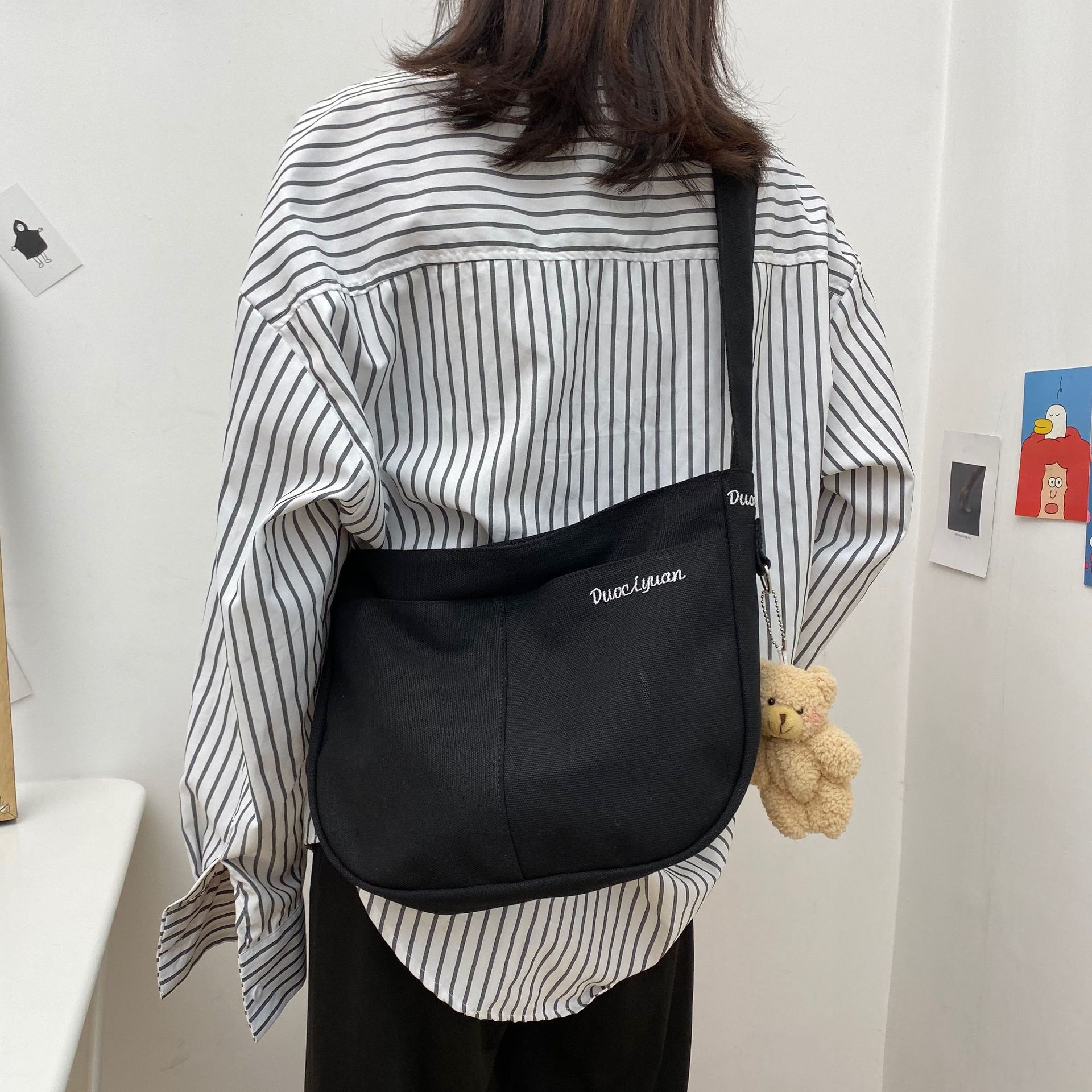 Fashion Black Without Bear Embroidered Canvas Bear Shoulder Messenger Bag,Shoulder bags