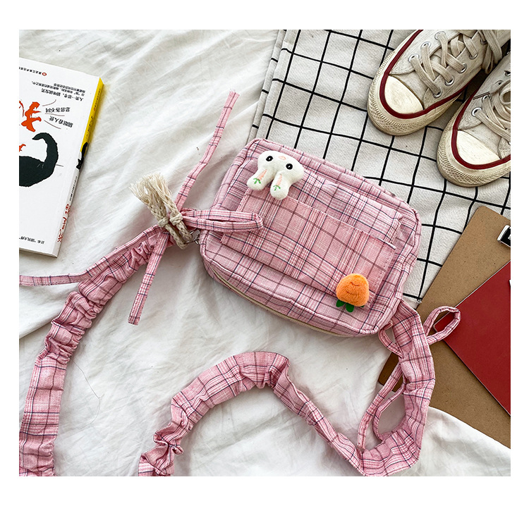 Fashion Pink Plaid Cartoon Bunny Radish Canvas Crossbody Shoulder Bag,Shoulder bags