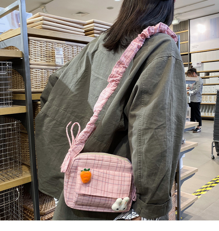 Fashion Pink Plaid Cartoon Bunny Radish Canvas Crossbody Shoulder Bag,Shoulder bags