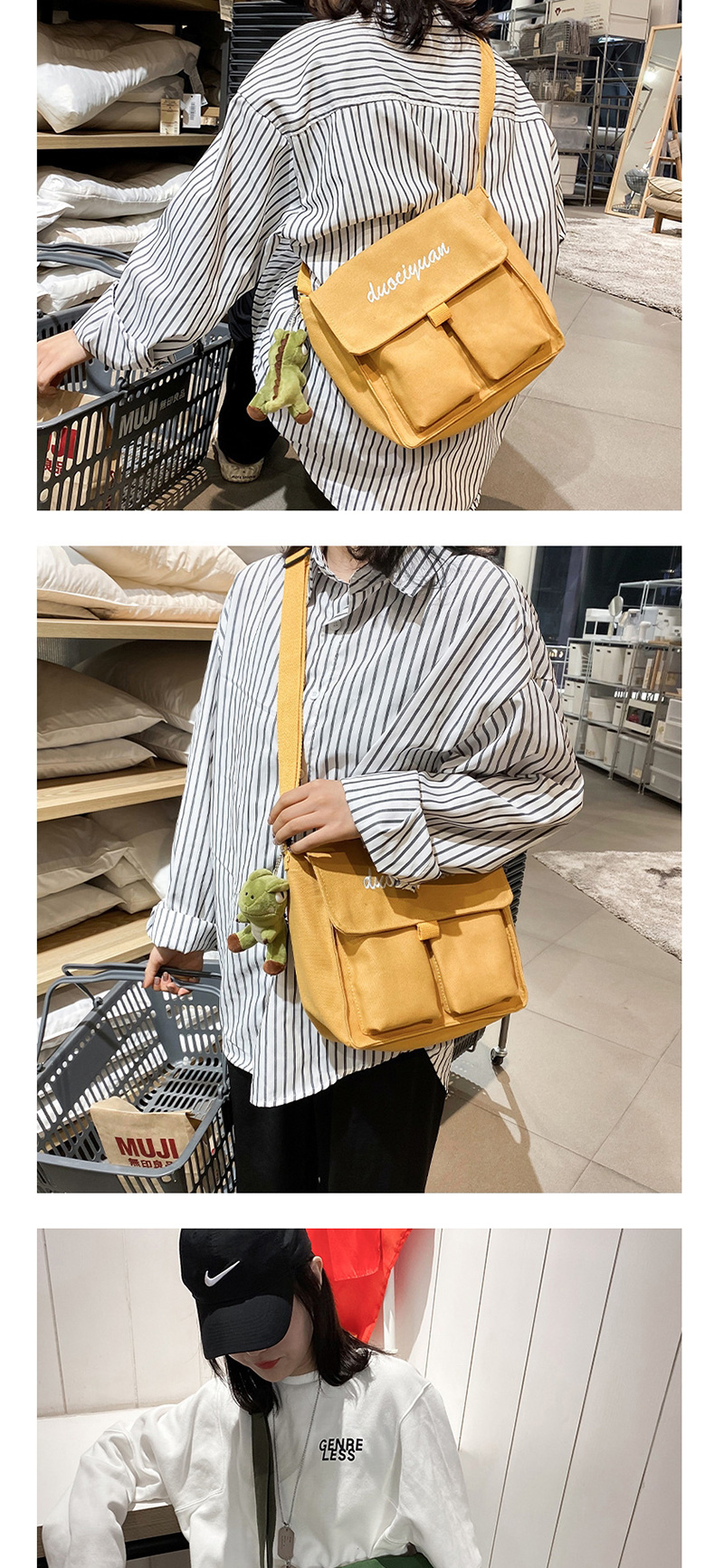 Fashion Yellow Without Pendant Embroidered Canvas Shoulder Messenger Bag,Shoulder bags