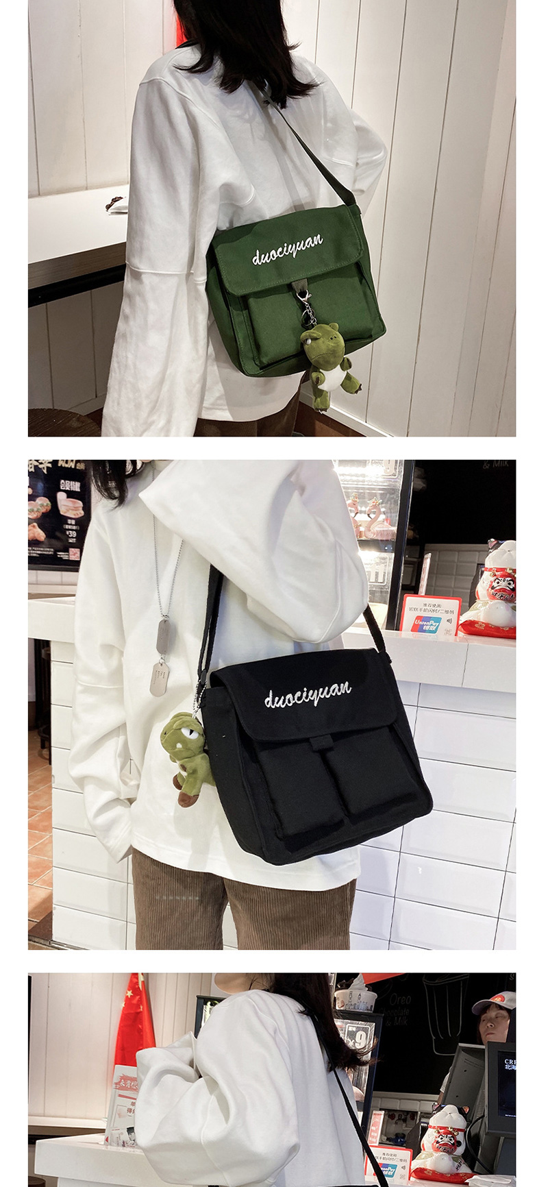 Fashion Green Belt Pendant Embroidered Canvas Shoulder Messenger Bag,Shoulder bags
