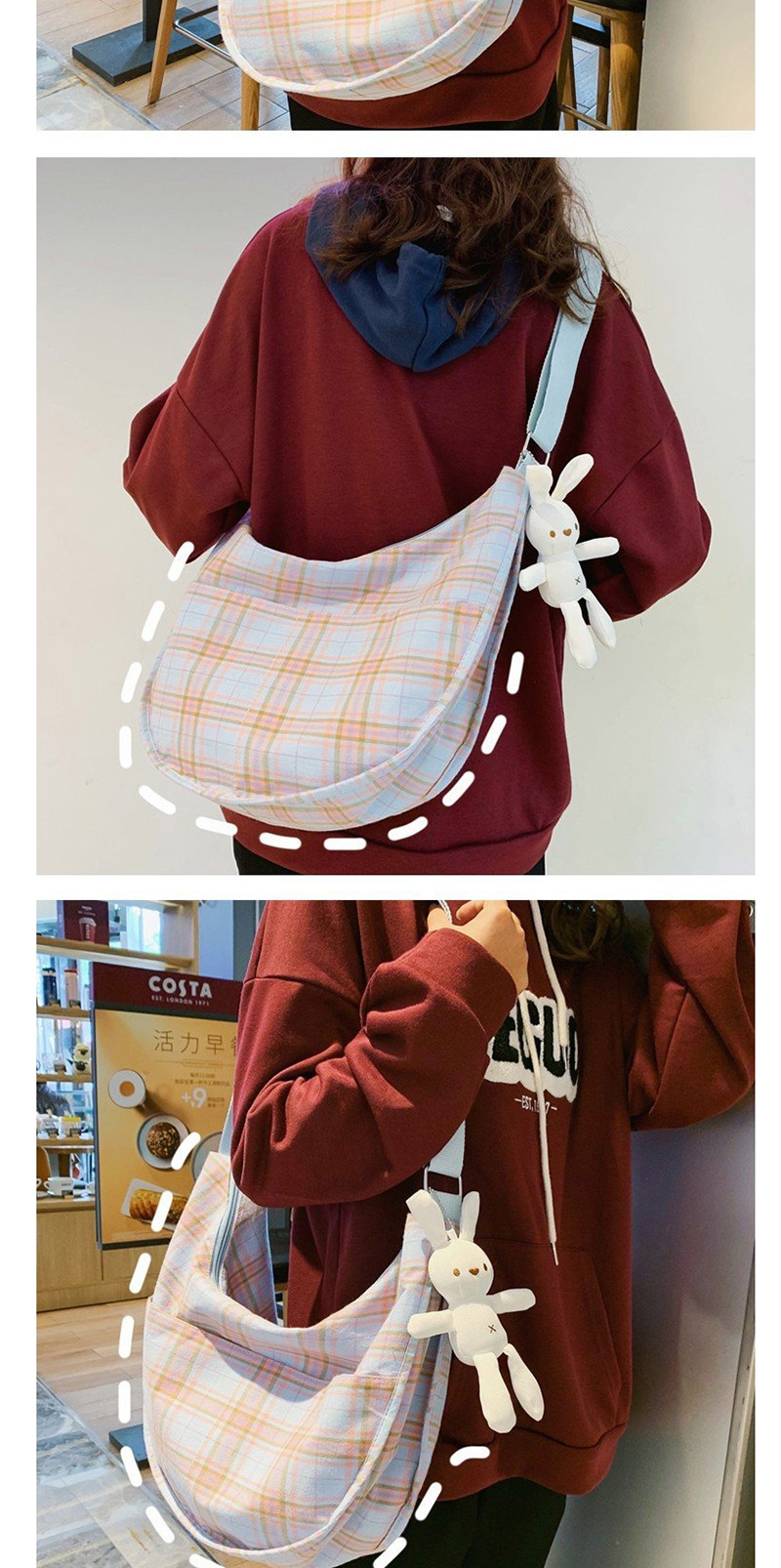 Fashion Pink Plaid Canvas Shoulder Messenger Bag,Shoulder bags