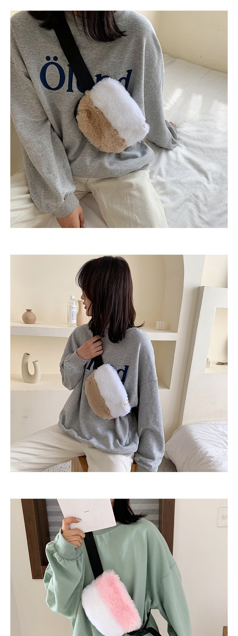 Fashion White Khaki Plush Stitching Shoulder Messenger Bag,Shoulder bags